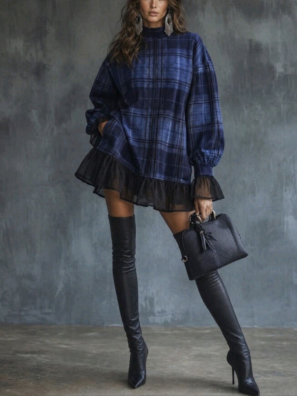 Women's Casual Mini Dress Plaid Dress Vintage Romantic - Picture 6 of 8
